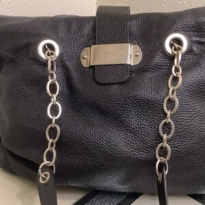 Furla Black Pebbled Leather Shoulder Bag with Silver Chain